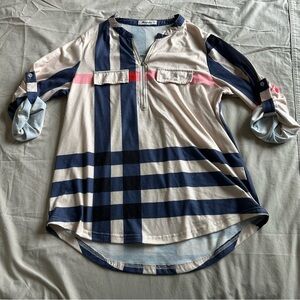 Moyabo Everyday, Business Casual, Normcore Striped 3/4 Sleeve Top with Zipper